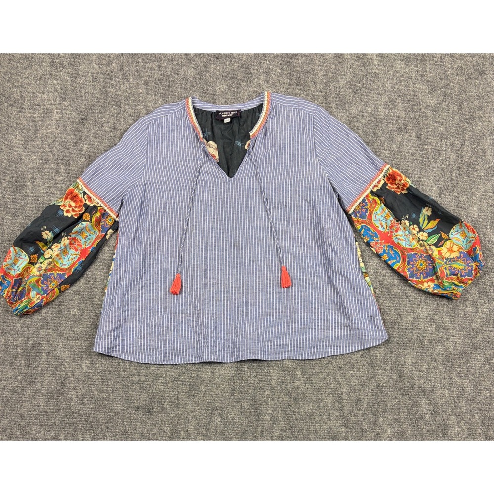 Johnny Was Workshop Blue Striped Silk Floral Mixed Media Blouse W18219-4 Small